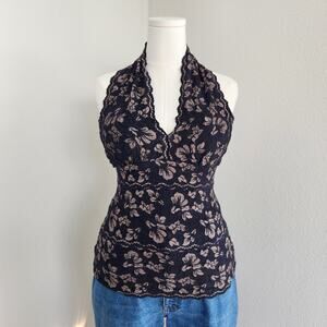 Y2K Karen Kane Black Nude Floral Stretch Lace Halter Top Lined Padded M